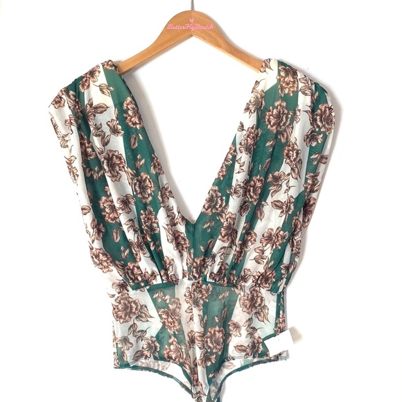 (A4c) CQ by CQ sleeveless bodysuit green white and tan floral, Size Large, NWT - Picture 1 of 11